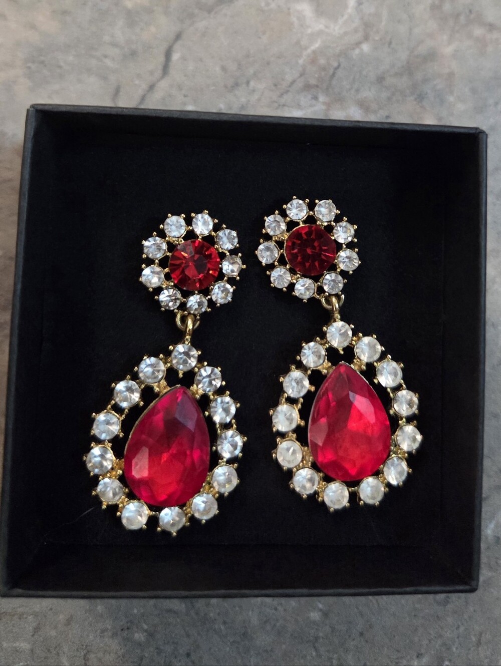 Gold-Plated Red Teardrop Crystal Drop Earrings